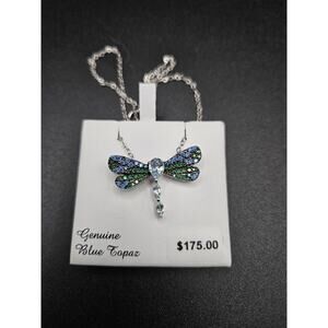 Blue Topaz Sterling Silver Dragonfly Necklace Pendant With CZ Accents 18" Chain